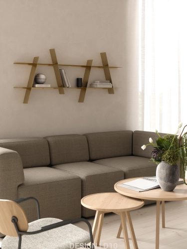 4-171064 A-shelf medium brass_A2 sofa Kvadrat Fiord 0271_Scope Lounge Gabrial Step Melange 60345_3-36010213 C2 coffee table Ø50 oak_3-36070213 C2 coffee table Ø80 cm oak.jpg